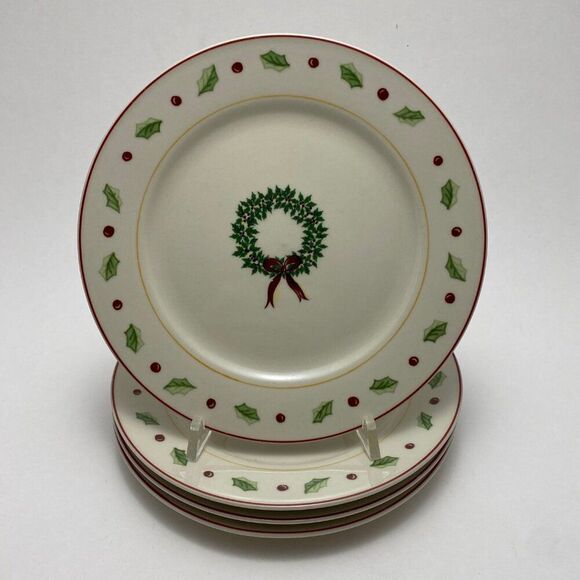 Merry Brite Christmas Salad Plates | Wreaths | 7.5" | Stoneware | Set of 4 - Picture 1 of 11
